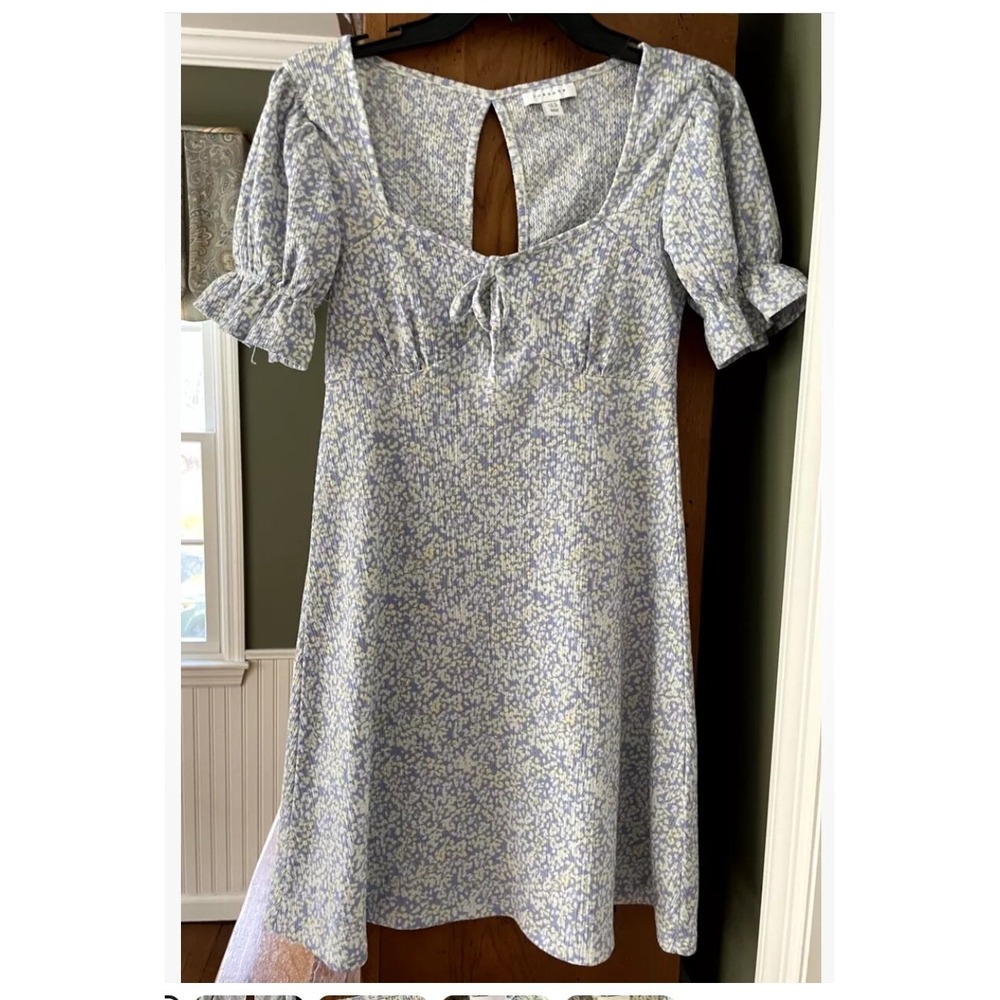 Topshop Blue White Dainty Abstract Floral Short Sleeve A Line Mini Dress Sz 6